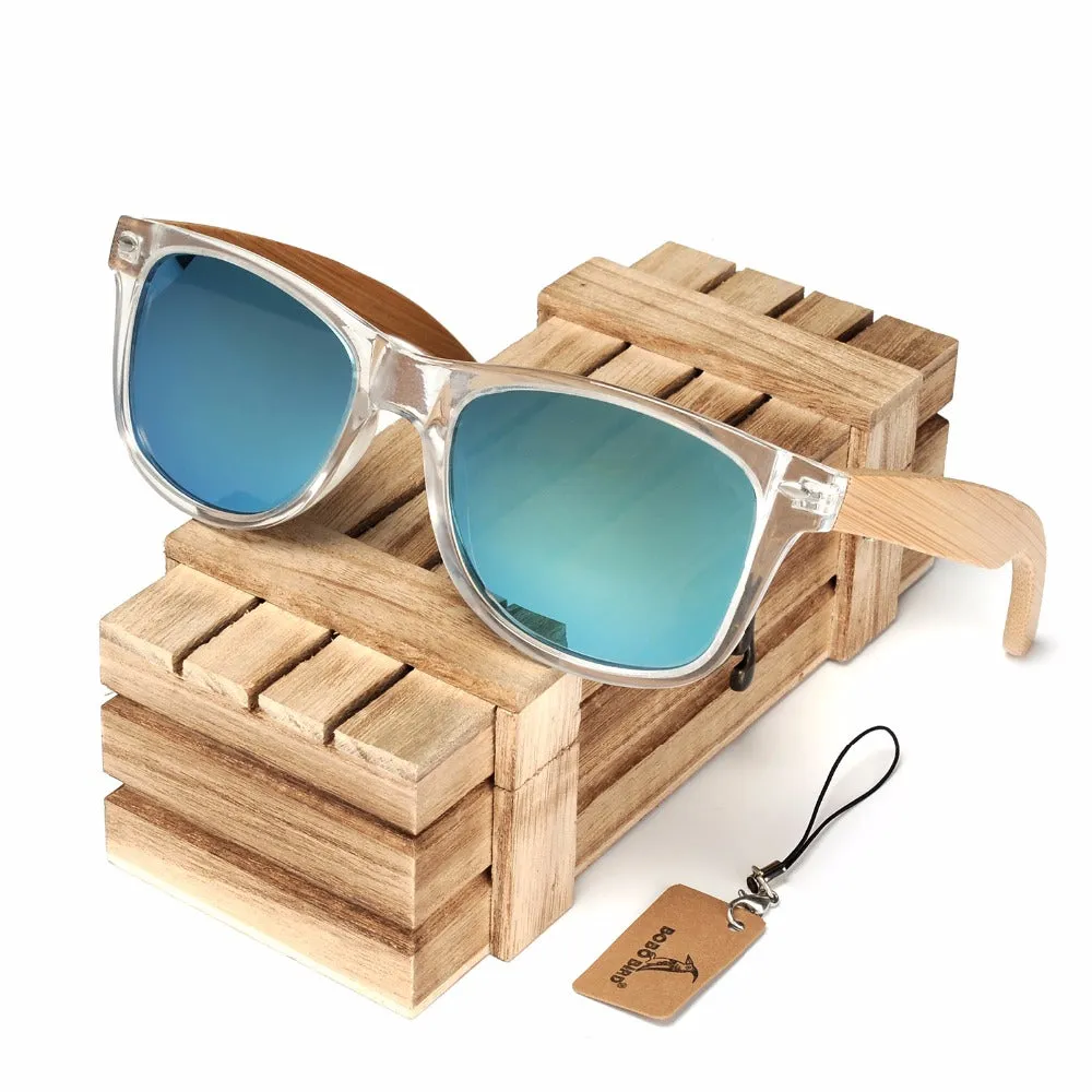 Handmade Polarized Sunglasses With Transparent Plastic Frame Colorful Lens And Bamboo Legs