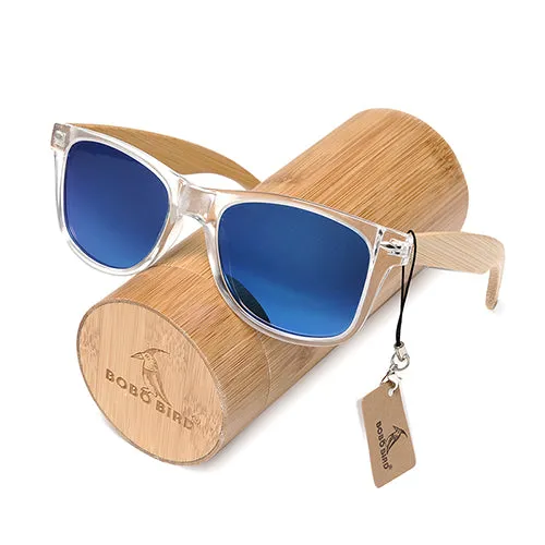 Handmade Polarized Sunglasses With Transparent Plastic Frame Colorful Lens And Bamboo Legs