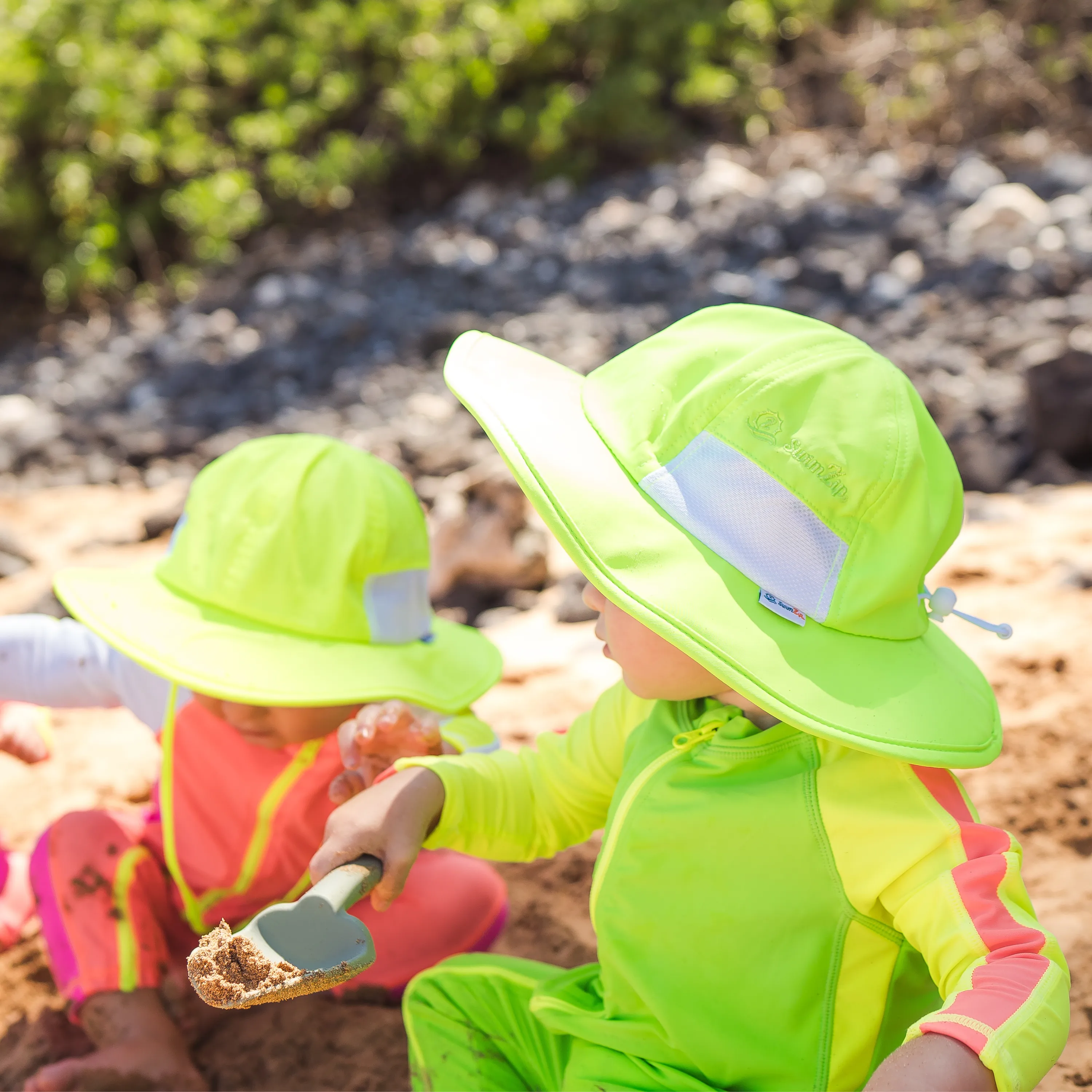 Kids Wide Brim Sun Hat "Fun Sun Day Play Hat" - Neon Lime Green