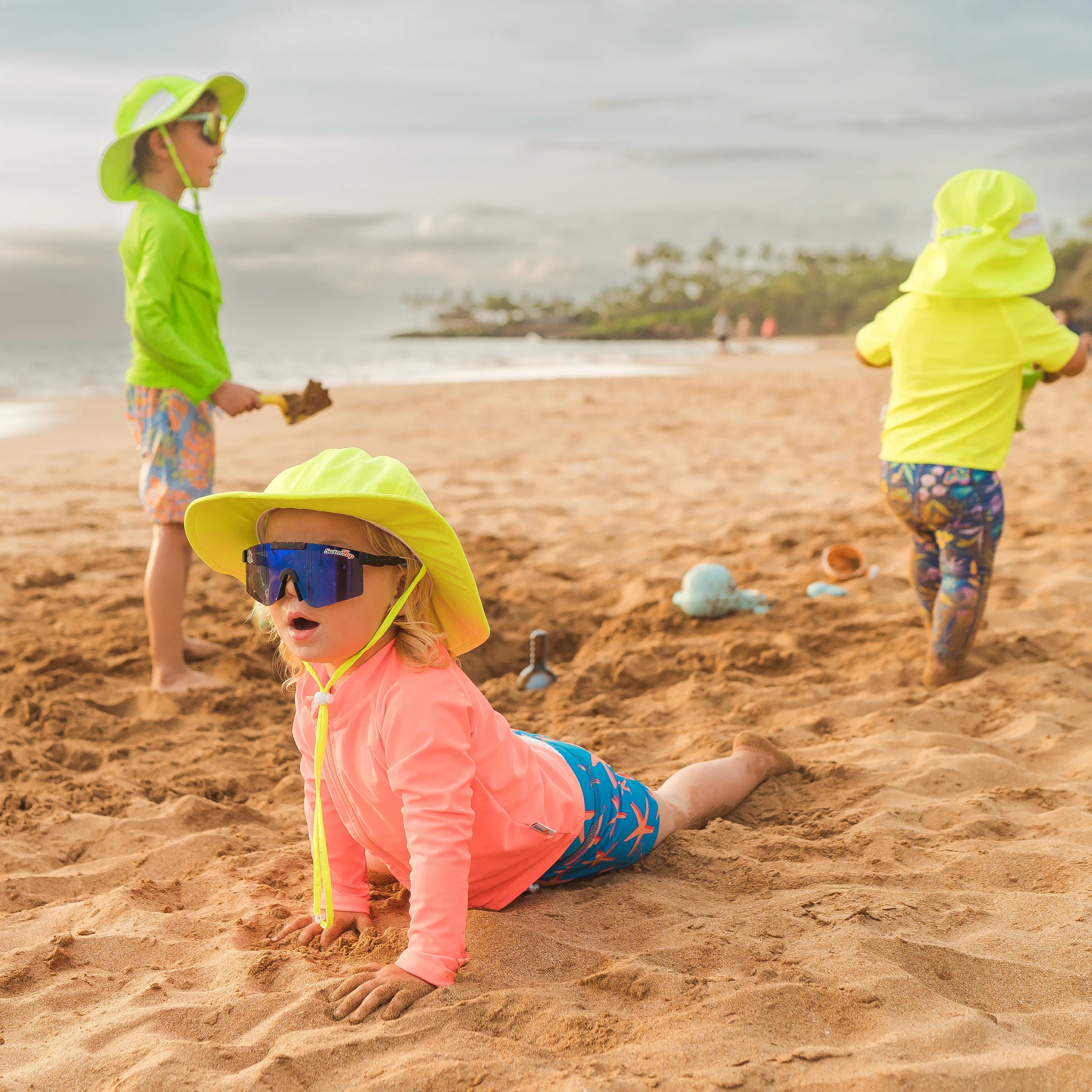 Kids Wide Brim Sun Hat "Fun Sun Day Play Hat" - Neon Lime Green