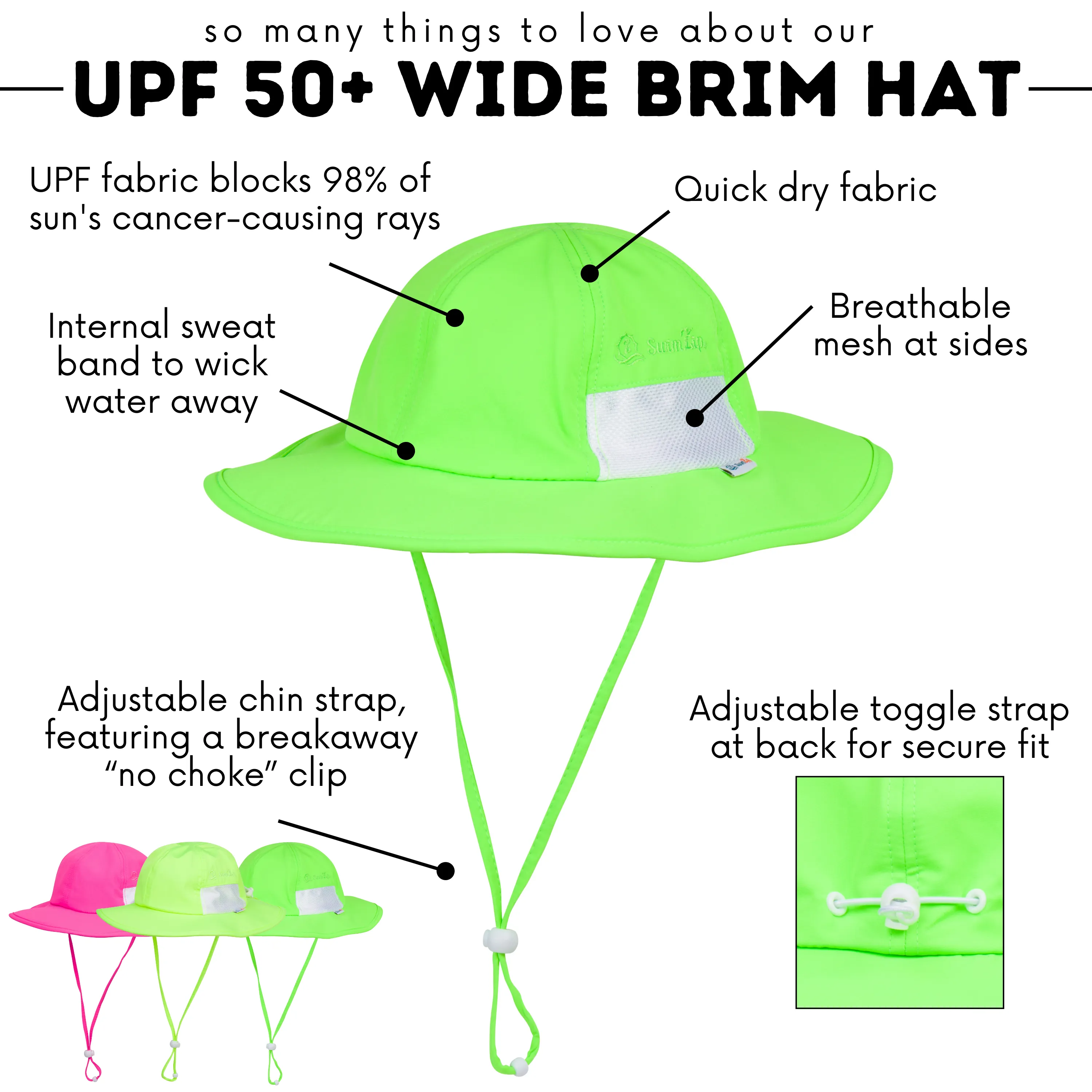 Kids Wide Brim Sun Hat "Fun Sun Day Play Hat" - Neon Lime Green