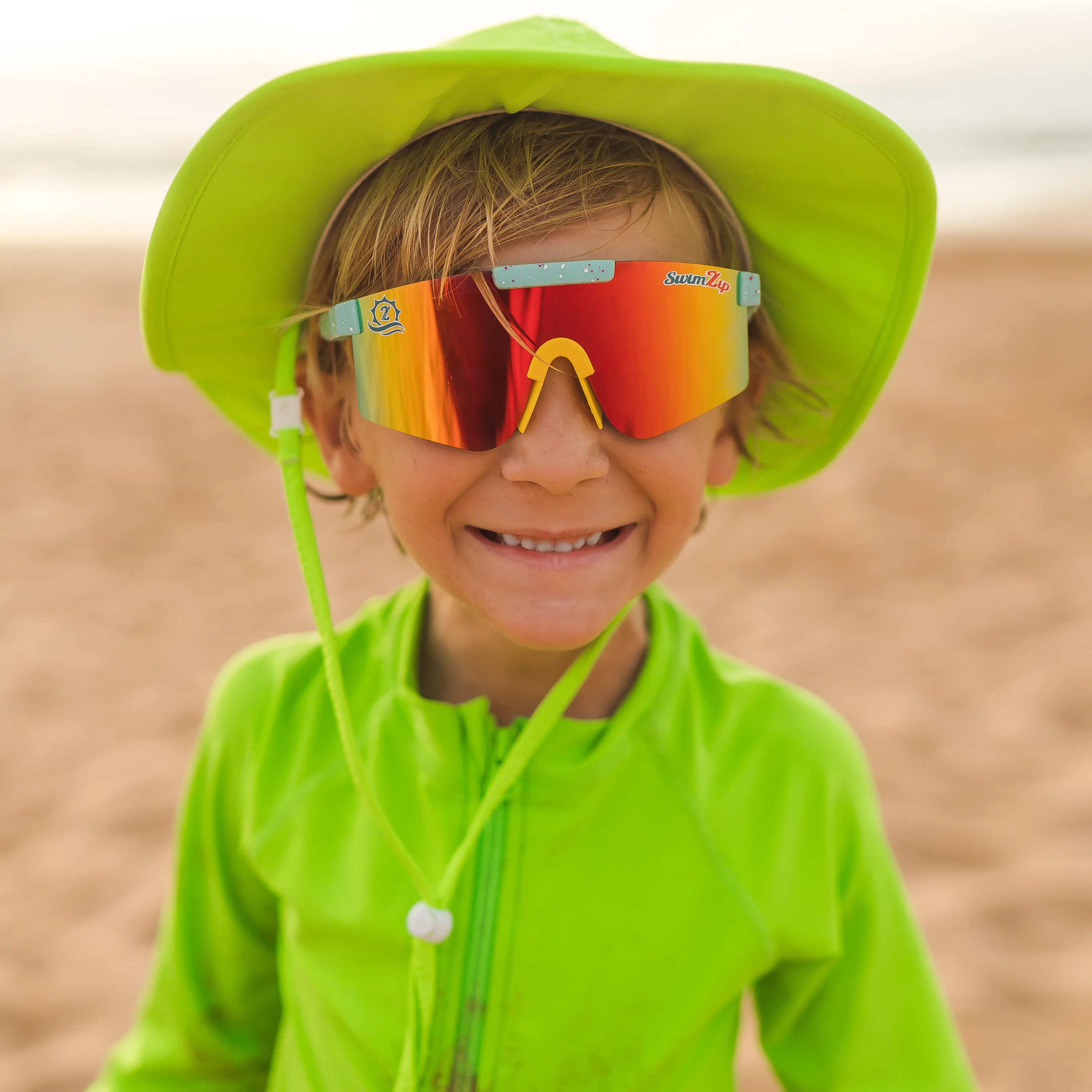 Kids Wide Brim Sun Hat "Fun Sun Day Play Hat" - Neon Lime Green