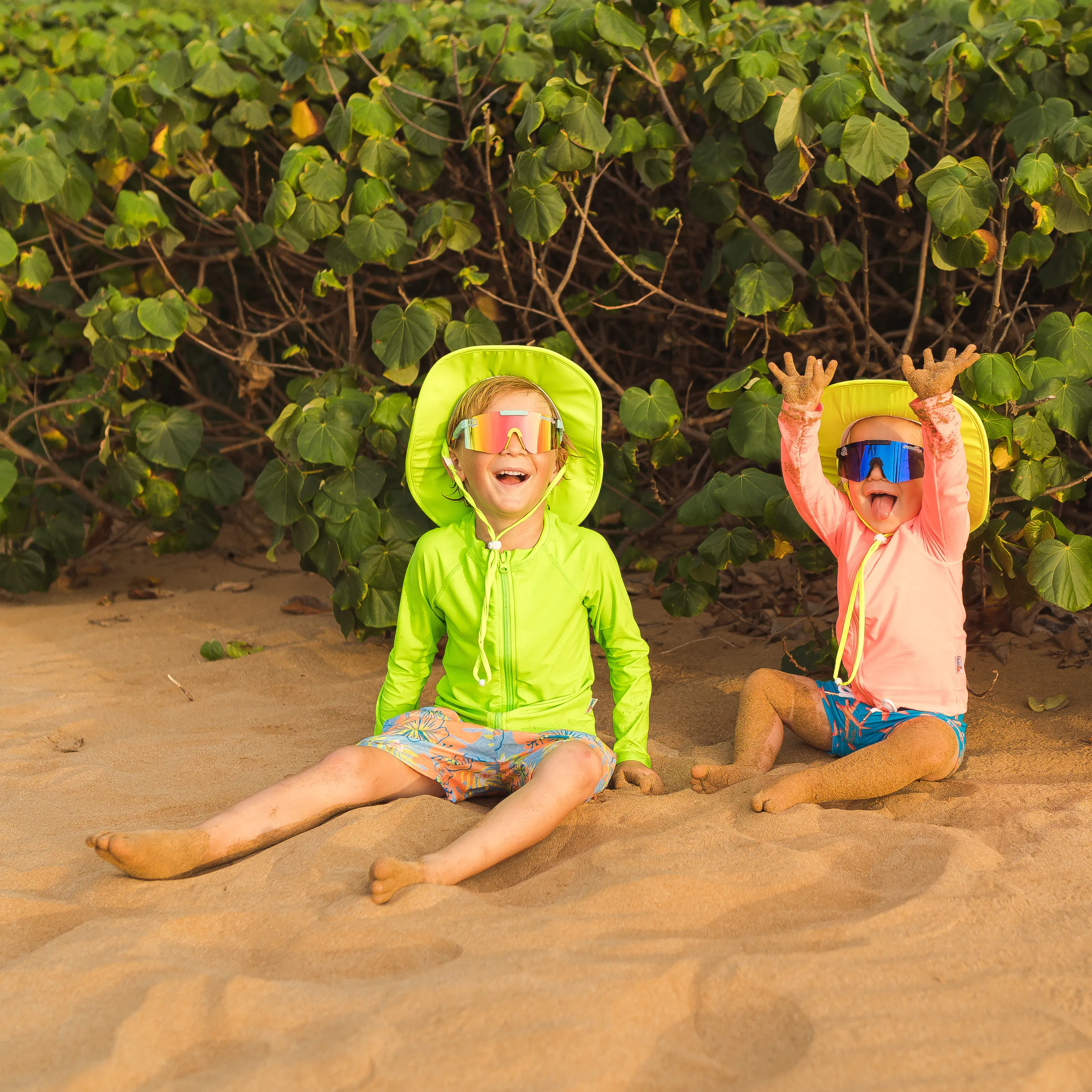 Kids Wide Brim Sun Hat "Fun Sun Day Play Hat" - Neon Lime Green