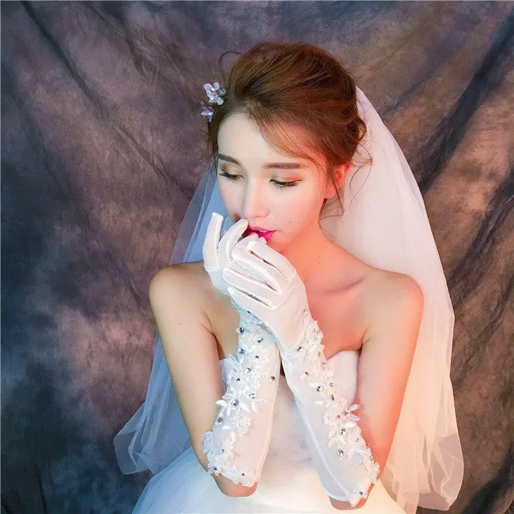 Long Finger Handmade Flower Rhinestone Wedding Bridal Gloves, TYP0636