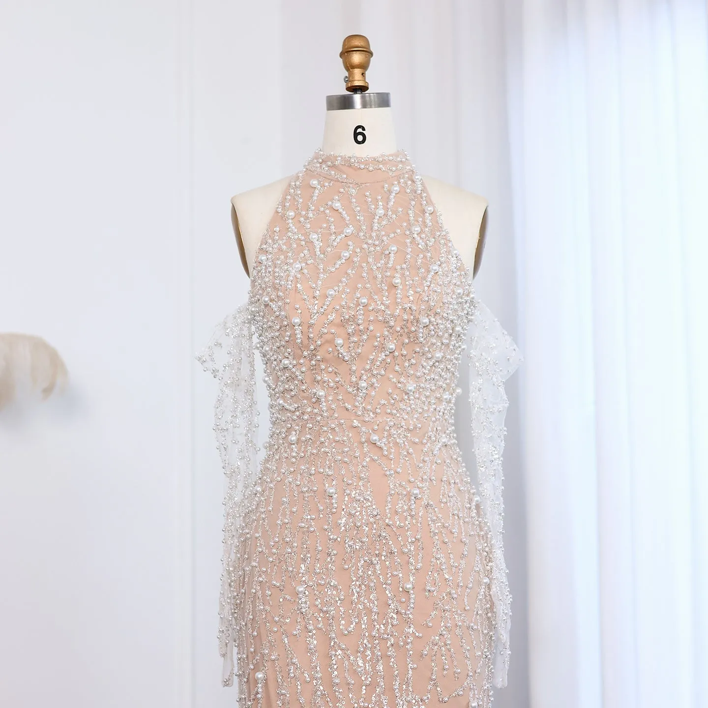 Luxury Beaded Nude Evening Dress with Gloves SS104