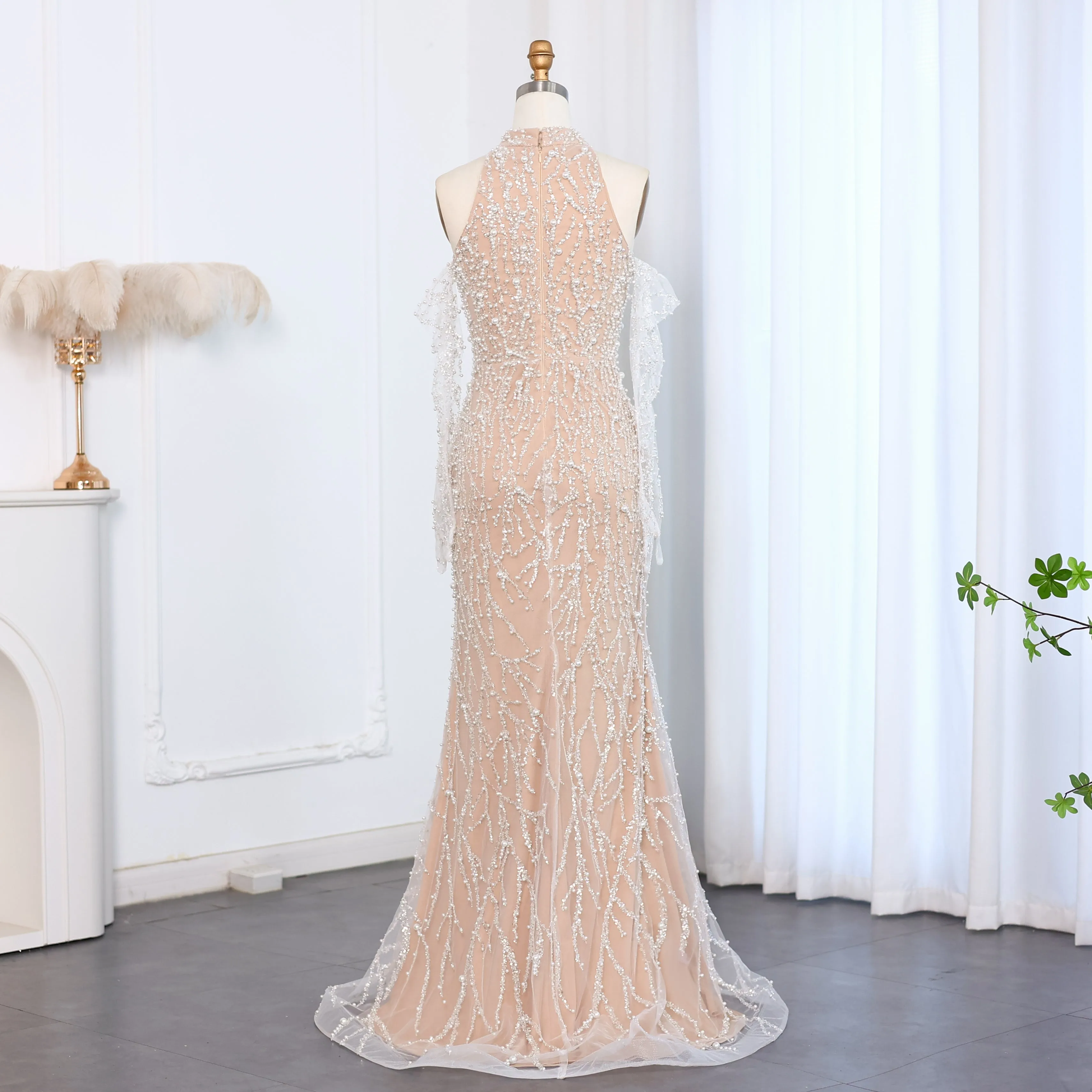 Luxury Beaded Nude Evening Dress with Gloves SS104