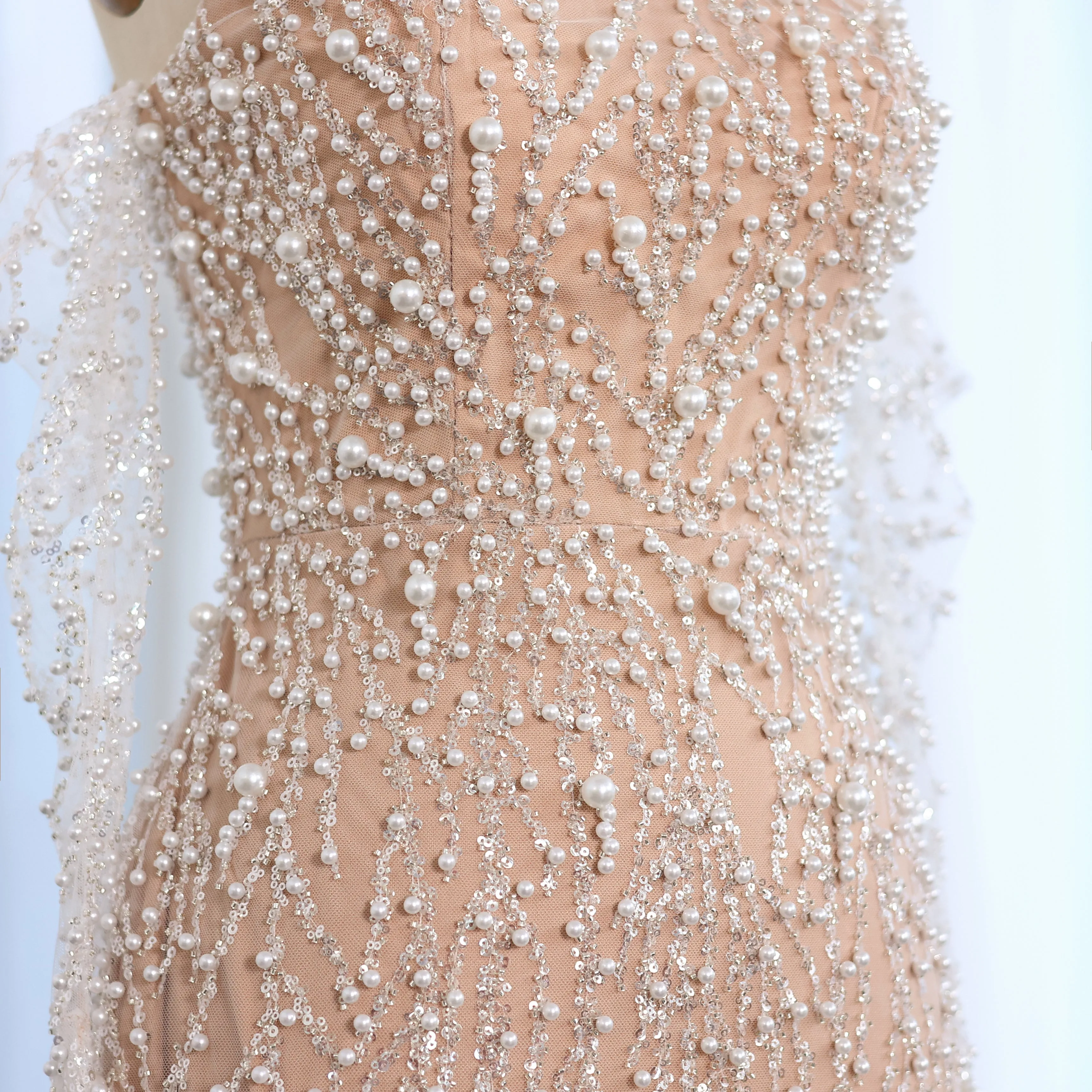 Luxury Beaded Nude Evening Dress with Gloves SS104