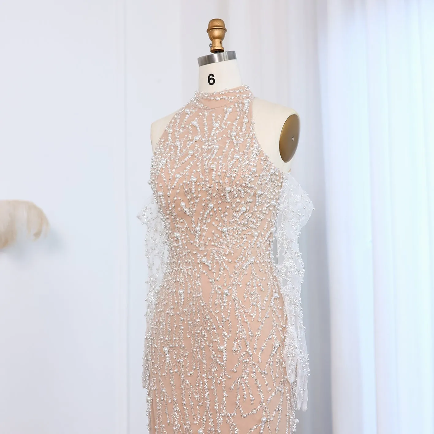 Luxury Beaded Nude Evening Dress with Gloves SS104