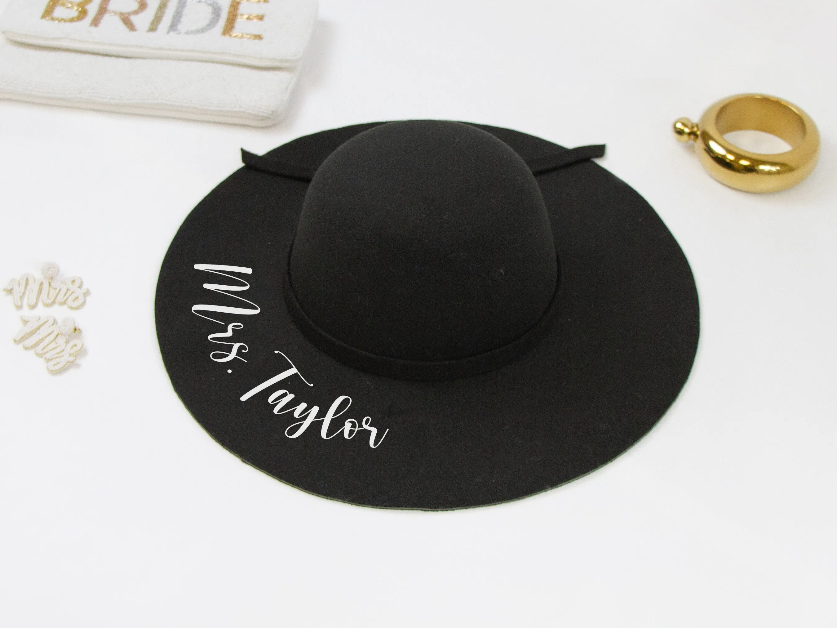 Mrs Bachelorette Black Felt Floppy Hat