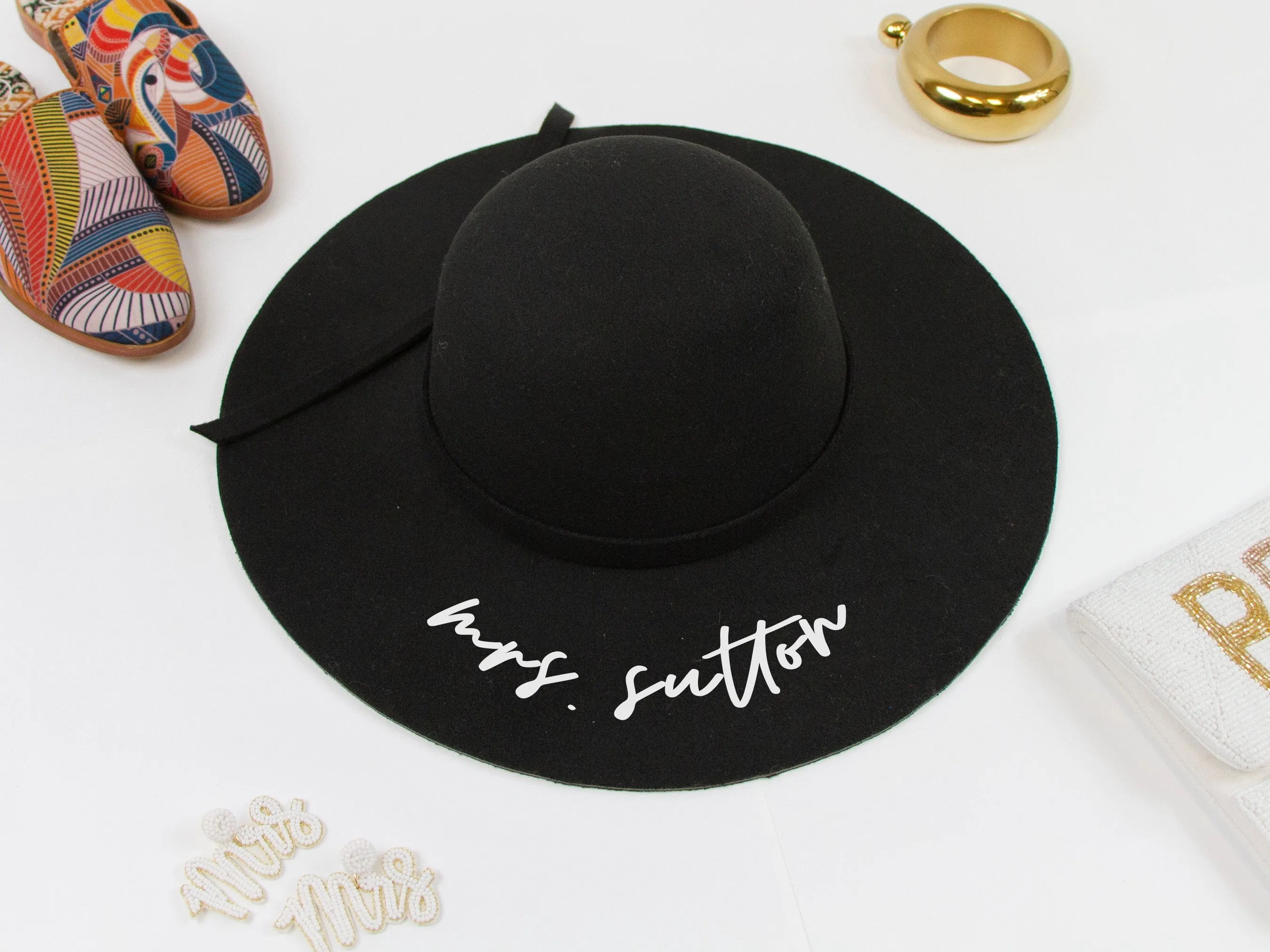 Personalized Mrs Black Felt Floppy Bridal Hat Beach Hat