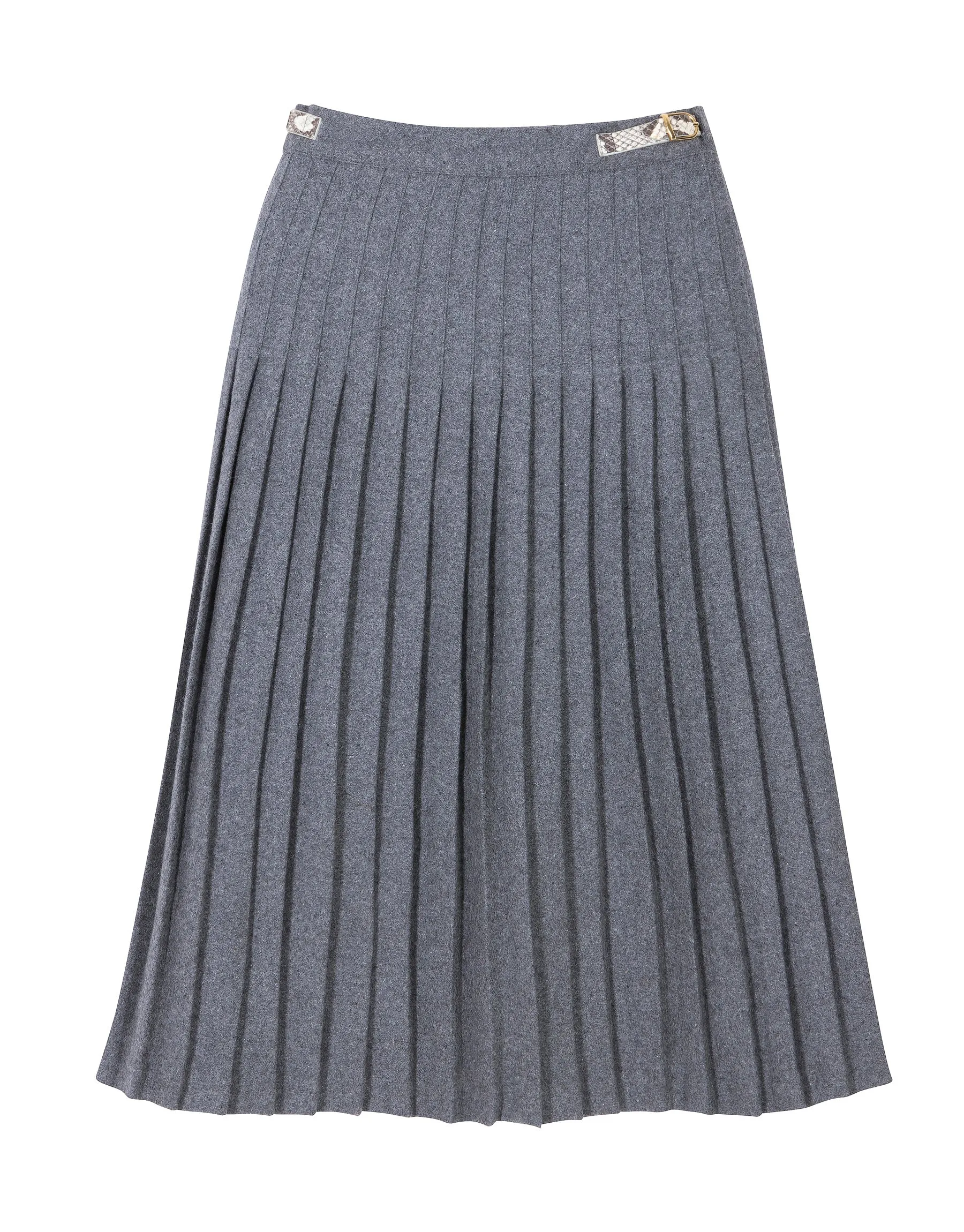 Pleated Woolen Skirt with Genuine Exotic Leather Straps