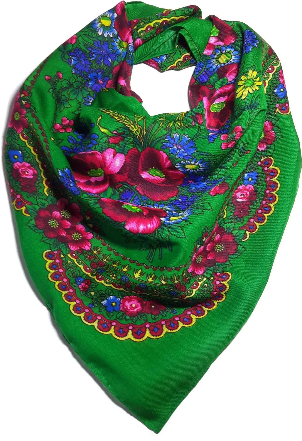 Traditional Polish Ukrainian Folk Cotton Head Scarf - Green