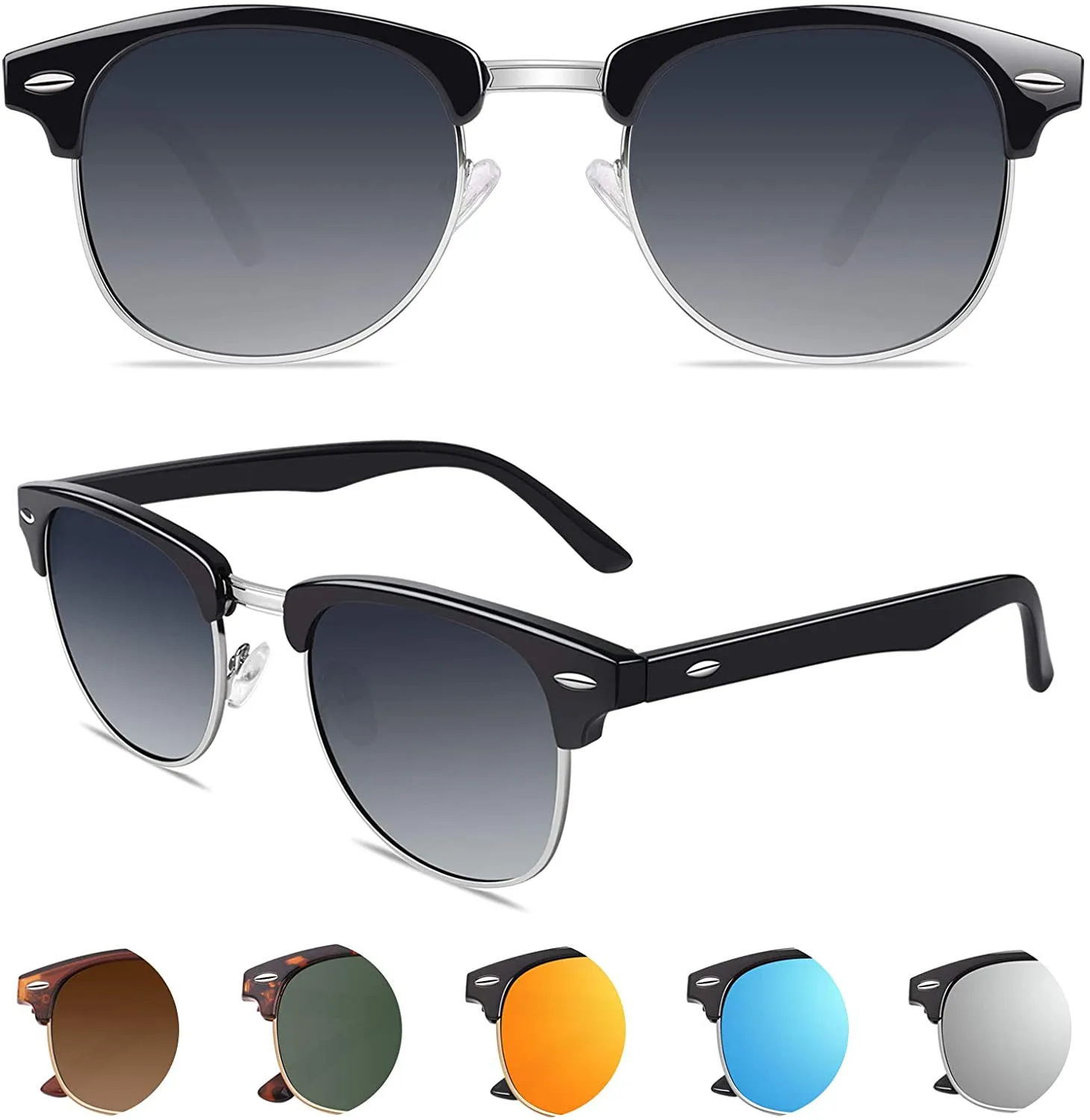 Unisex Classic Horn Rimmed Semi Rimless Polarized Sunglasses