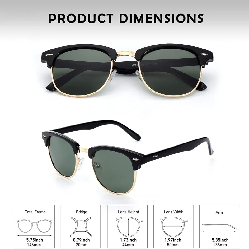 Unisex Classic Horn Rimmed Semi Rimless Polarized Sunglasses