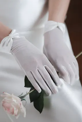 White Cropped Satin Trim Butterfly Wedding Gloves