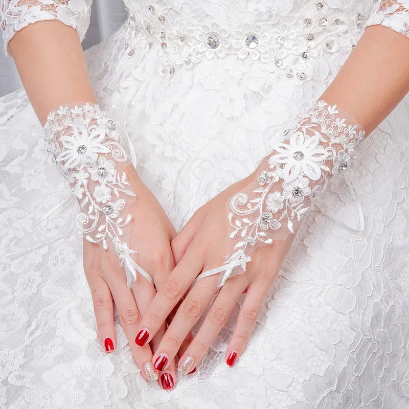 White Short Finger Rhinestone Wedding Gloves, Women Bridal Gloves, TYP0639