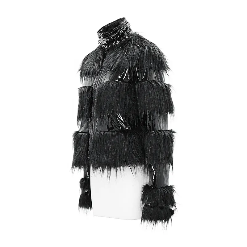 Women's High Neck Belts Fluffy Pu Jackets